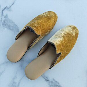Yellow Velvet Shoes, Womens Shoes, Pure Leather Loafers, Slip on Shoes, Size 10